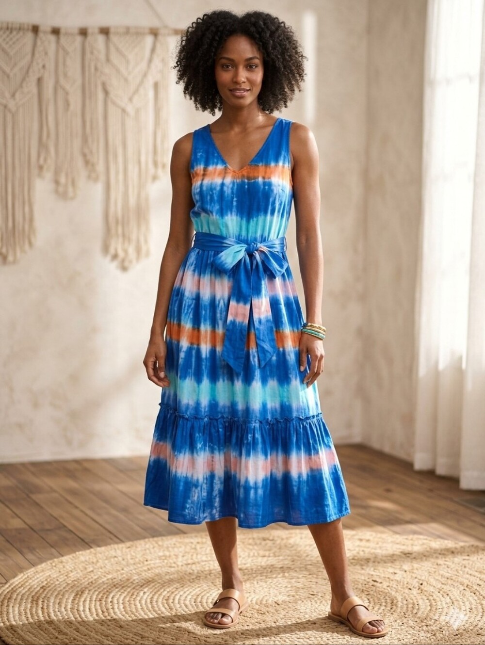 Hatley 100% Cotton Blue Tie-Dye Midi Dress with Bow Waist Tie Bohemian Summer